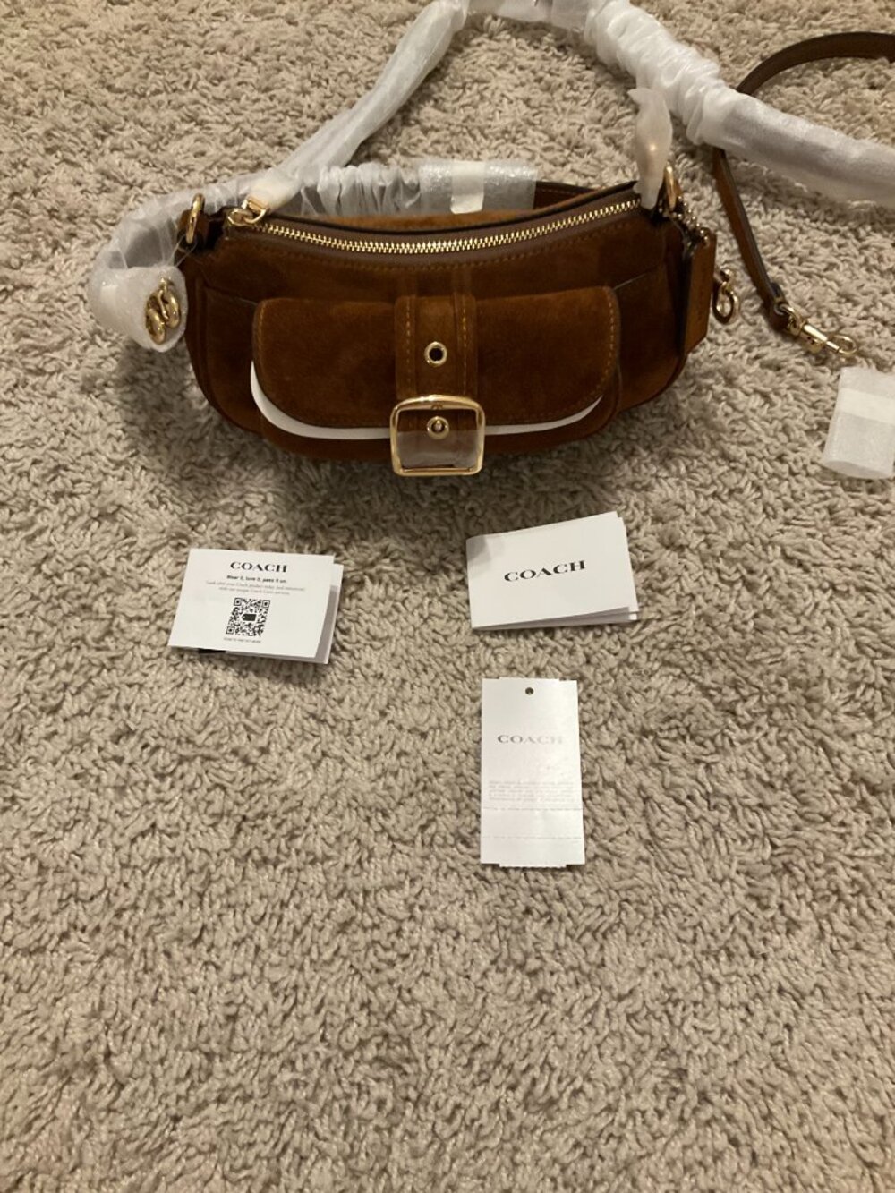 COACH ashton mini shoulder bag. suede/gold /warm brown. item # cfa50. - Picture 11 of 16